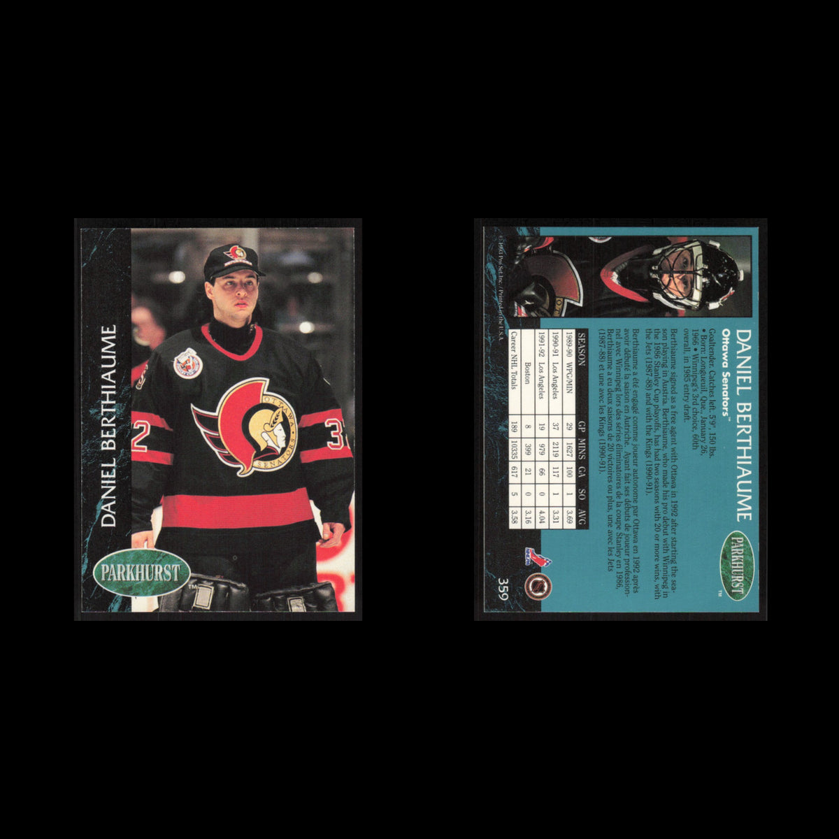 Daniel Berthiaume #359 1992 Parkhurst Ottawa Senators Hockey Card NHL NM