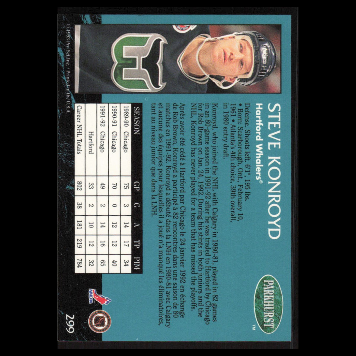 Steve Konroyd #299 1992 Parkhurst Hartford Whalers Hockey Card NHL NM