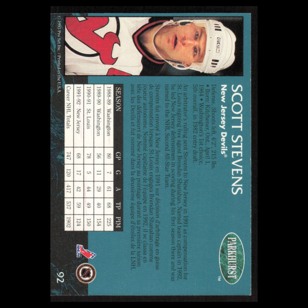 Scott Stevens #92 1992 Parkhurst New Jersey Devils Hockey Card NHL NM