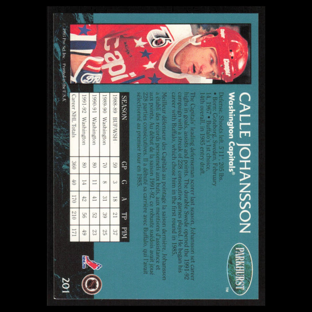 Calle Johansson #201 1992 Parkhurst Washington Capitals Hockey Card NHL NM