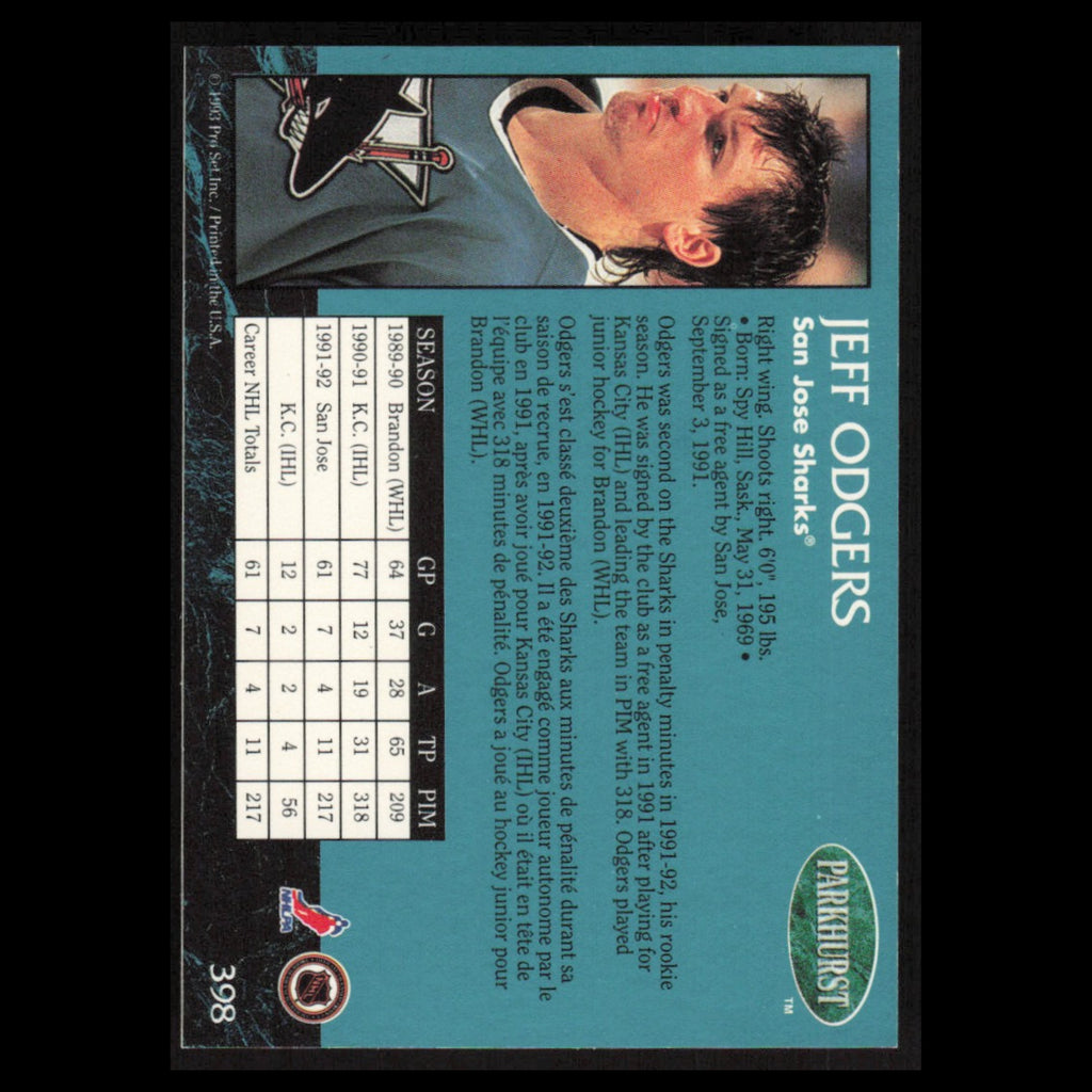 Jeff Odgers #398 1992 Parkhurst San Jose Sharks Hockey Card NHL NM