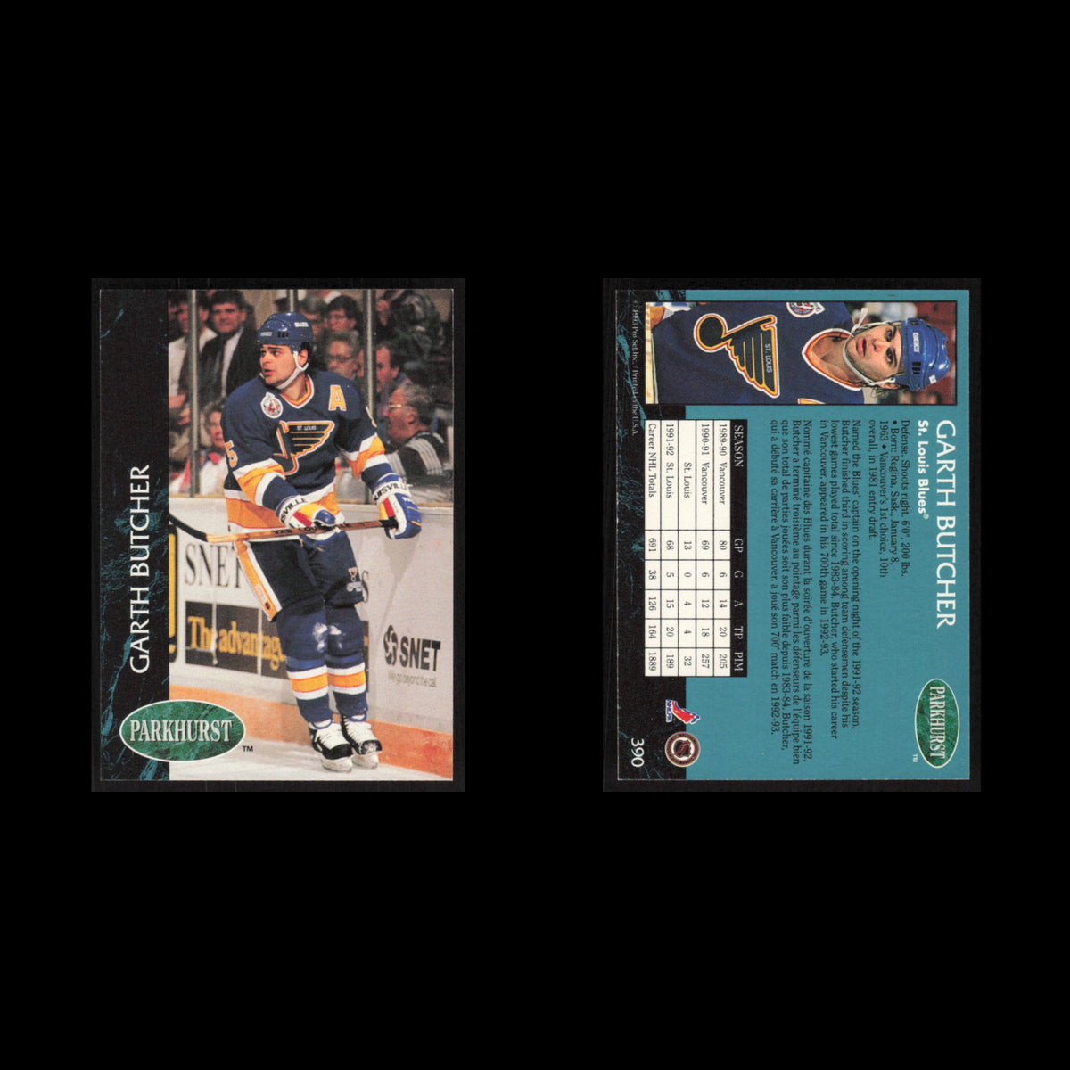 Garth Butcher #390 1992 Parkhurst St. Louis Blues Hockey Card NHL NM