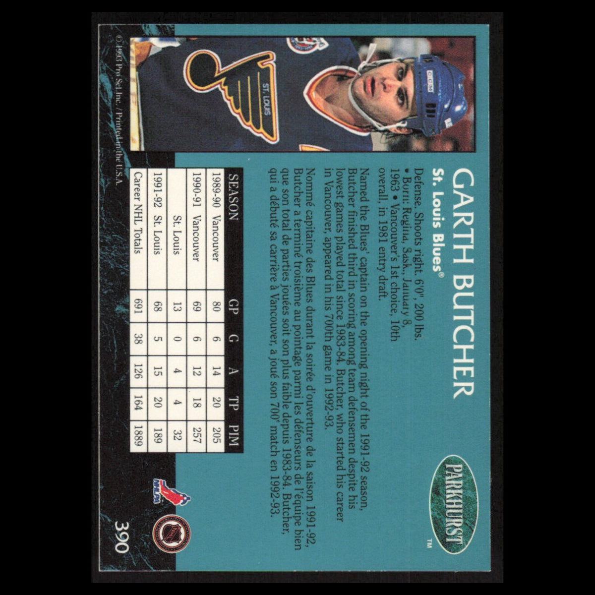 Garth Butcher #390 1992 Parkhurst St. Louis Blues Hockey Card NHL NM