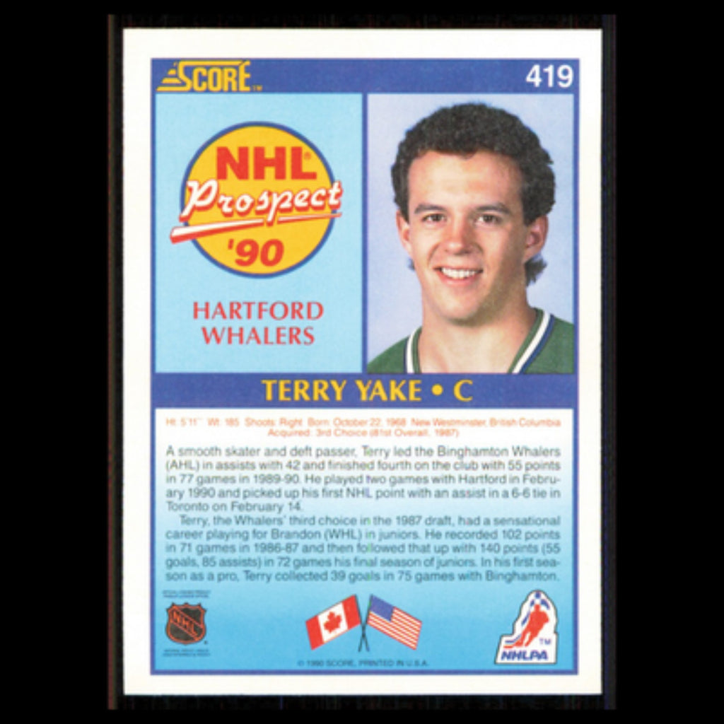 Terry Yake Rookie #419 1990 Score Hartford Whalers Hockey Card NHL NM