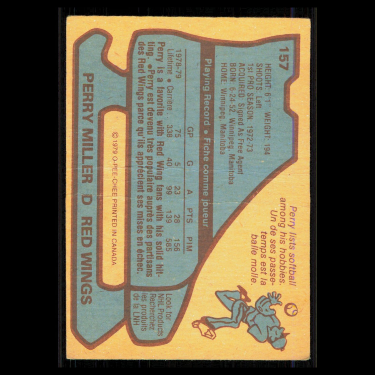 Perry Miller #157 1979 O-Pee-Chee Detroit Red Wings Hockey Card NHL Poor