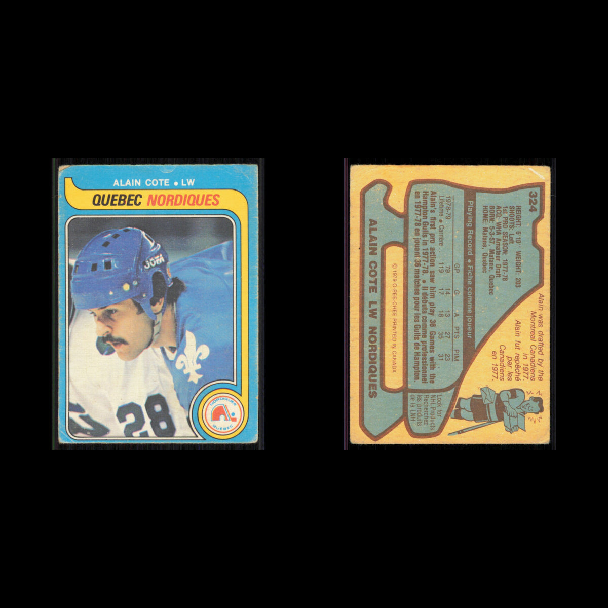 Alain Cote Rookie #324 1979 O-Pee-Chee Quebec Nordiques Hockey Card NHL Poor