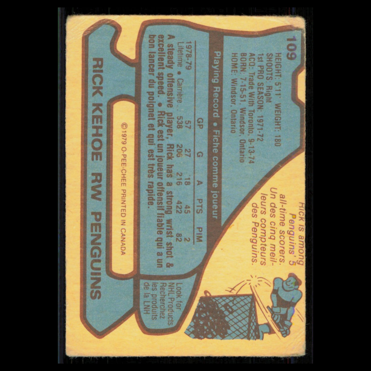 Rick Kehoe #109 1979 O-Pee-Chee Pittsburgh Penguins Hockey Card NHL Poor