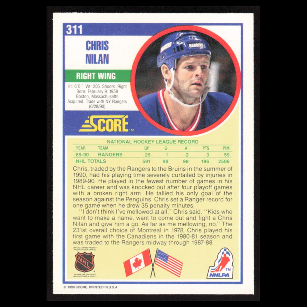 Chris Nilan #311 1990 Score New York Rangers Hockey Card NHL NM