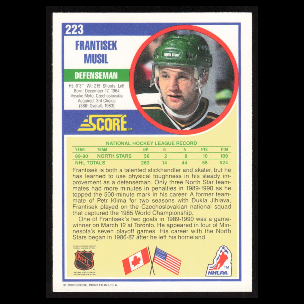 Frank Musil #223 1990 Score Minnesota North Stars Hockey Card NHL NM