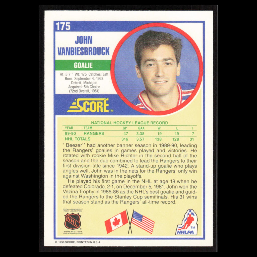 John Vanbiesbrouck #175 1990 Score New York Rangers Hockey Card NHL NM