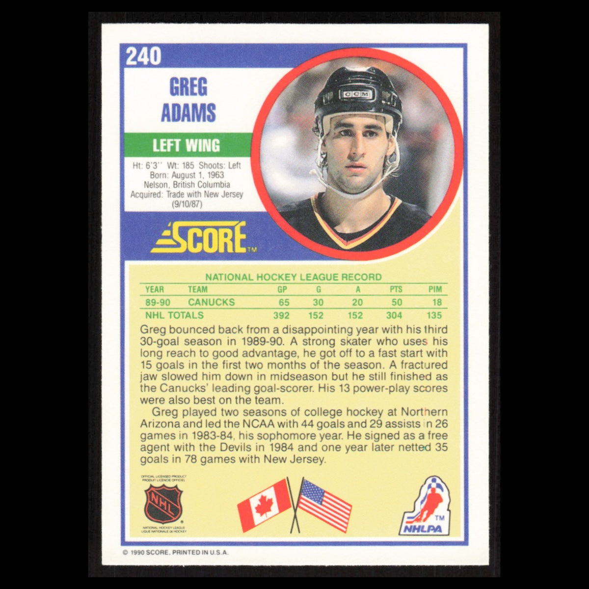 Greg Adams #240 1990 Score Vancouver Canucks Hockey Card NHL NM