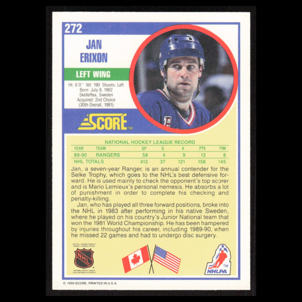Jan Erixon #272 1990 Score New York Rangers Hockey Card NHL NM