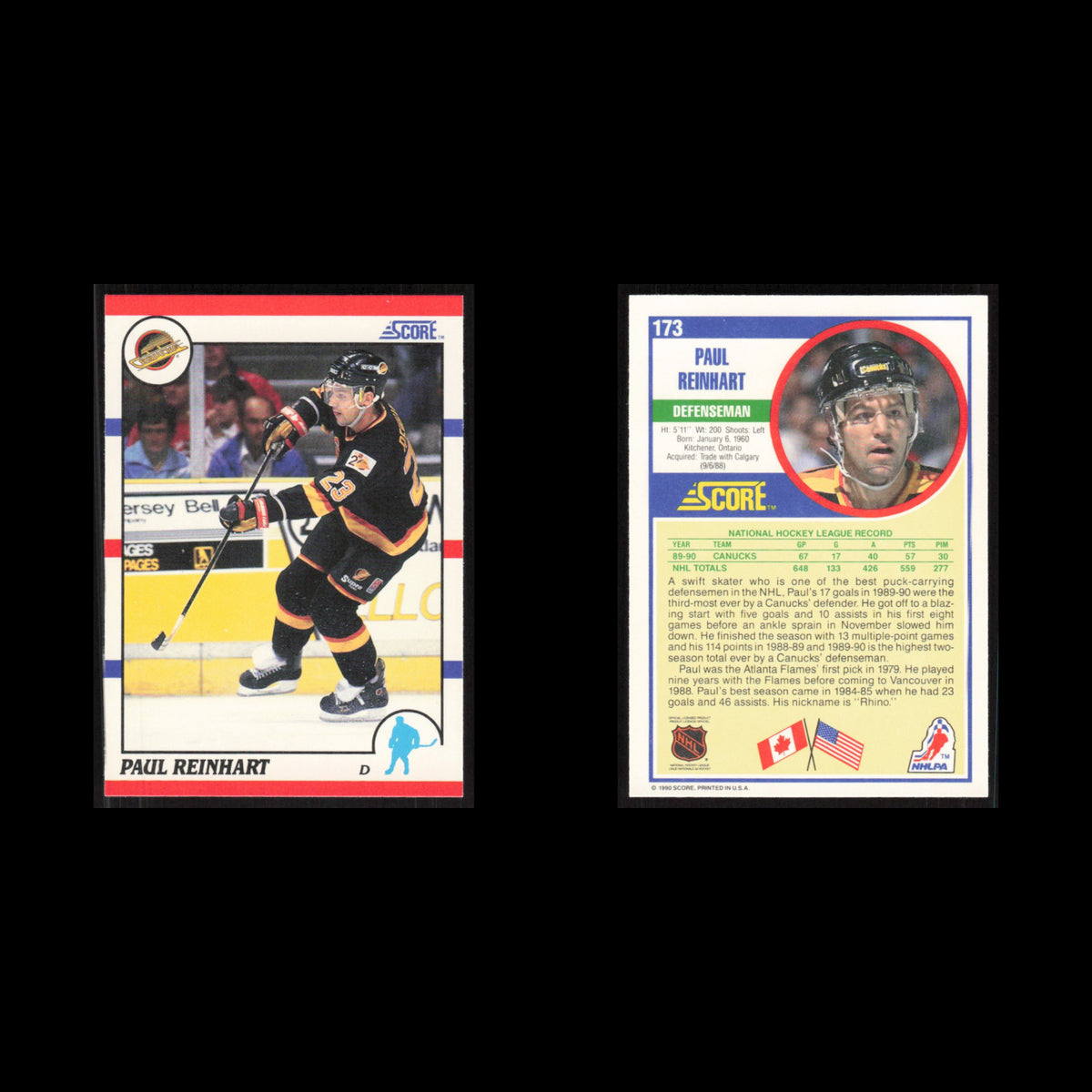 Paul Reinhart #173 1990 Score Vancouver Canucks Hockey Card NHL NM