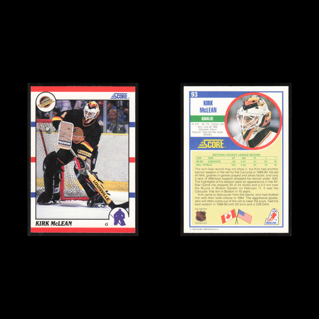 Kirk McLean #93 1990 Score Vancouver Canucks Hockey Card NHL NM