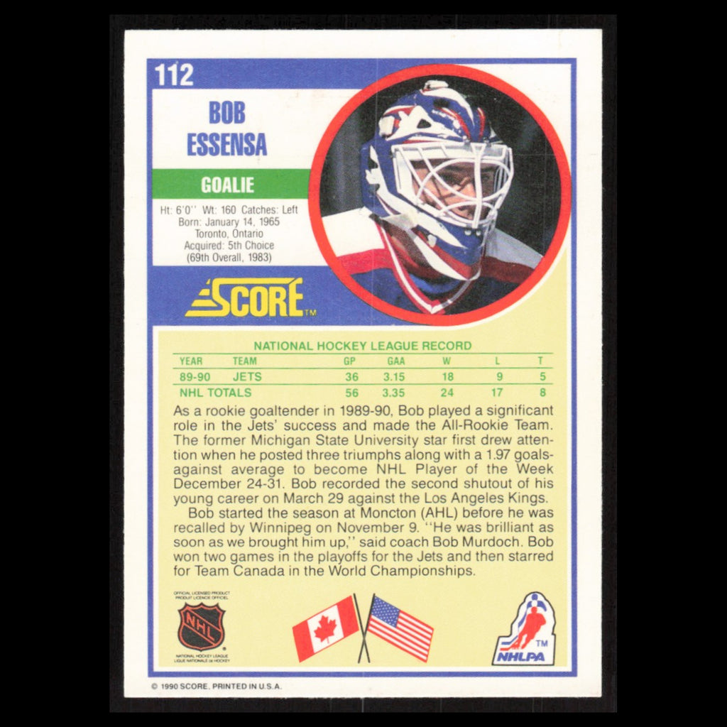 Bob Essensa Rookie #112 1990 Score Winnipeg Jets Hockey Card NHL NM