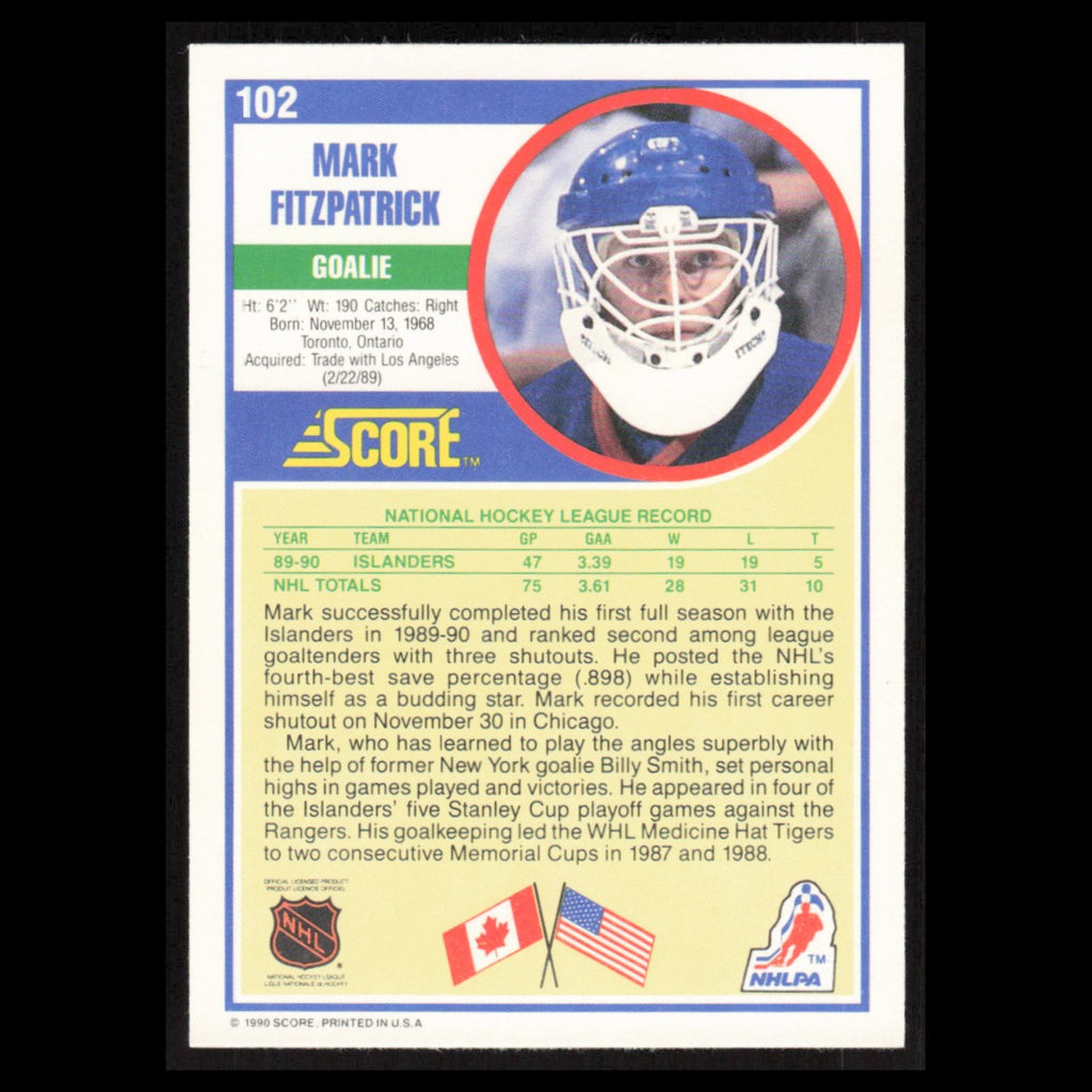 Mark Fitzpatrick Rookie #102A 1990 Score New York Islanders Hockey Card NHL NM