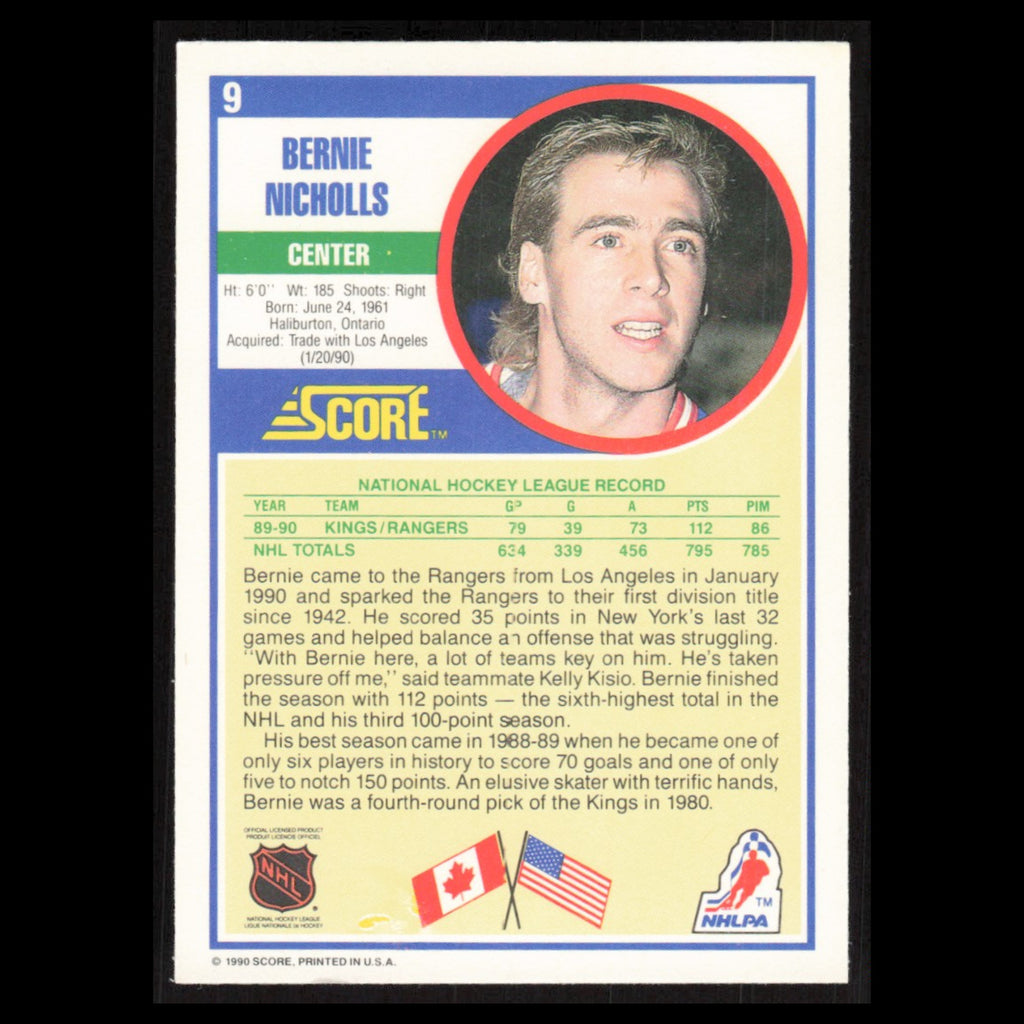 Bernie Nicholls #9 1990 Score New York Rangers Hockey Card NHL NM