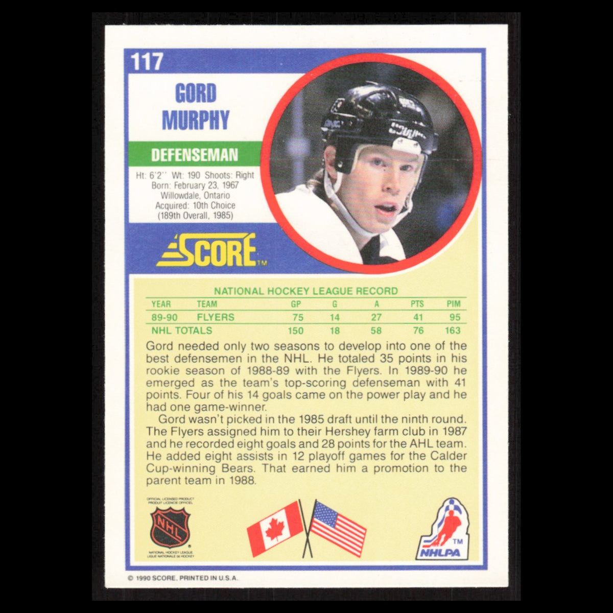 Gord Murphy Rookie #117 1990 Score Philadelphia Flyers Hockey Card NHL NM