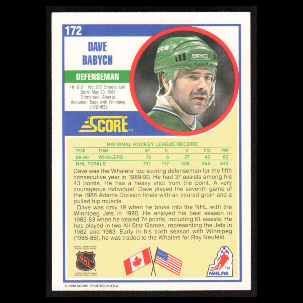 Dave Babych #172 1990 Score Hartford Whalers Hockey Card NHL NM
