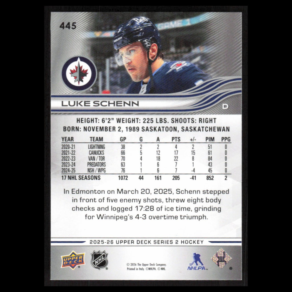 Luke Schenn #445 2025 Upper Deck Winnipeg Jets Hockey Card NHL NM