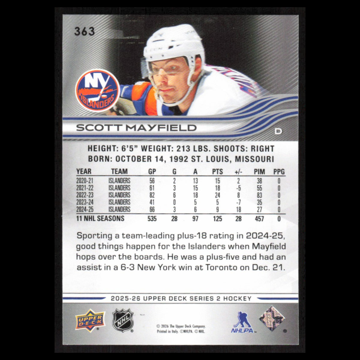 Scott Mayfield #363 2025 Upper Deck New York Islanders Hockey Card NHL NM