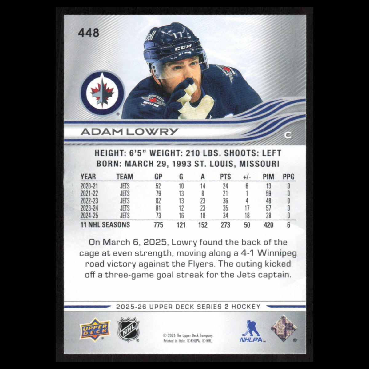 Adam Lowry #448 2025 Upper Deck Winnipeg Jets Hockey Card NHL NM