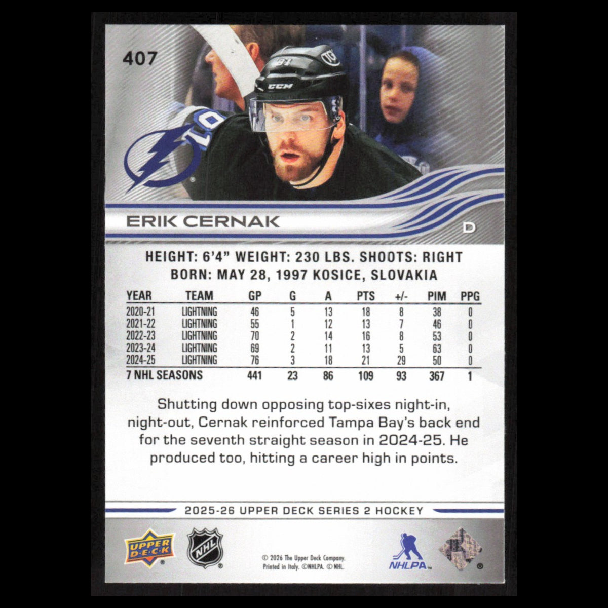 Erik Cernak #407 2025 Upper Deck Tampa Bay Lightning Hockey Card NHL NM