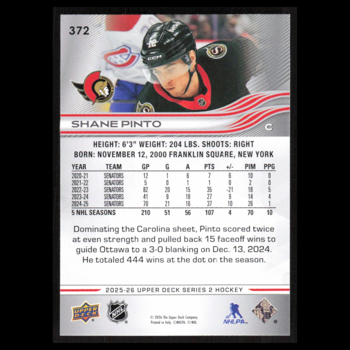 Shane Pinto #372 2025 Upper Deck Ottawa Senators Hockey Card NHL NM