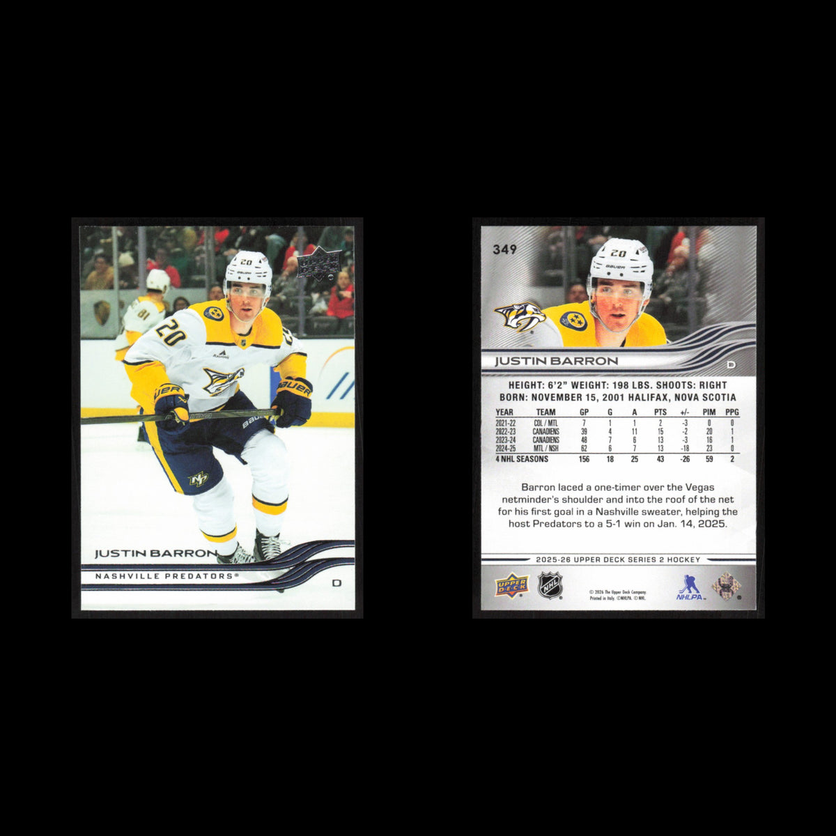 Justin Barron #349 2025 Upper Deck Nashville Predators Hockey Card NHL NM