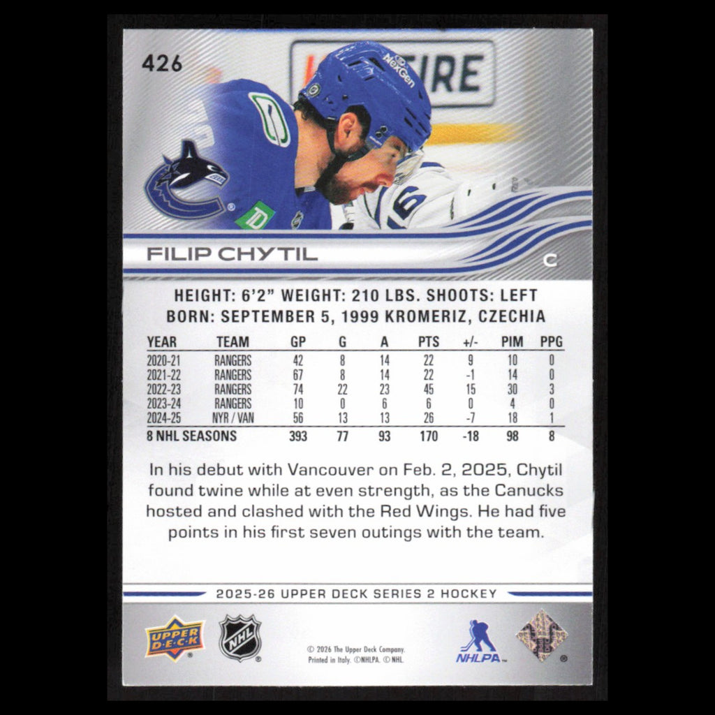 Filip Chytil #426 2025 Upper Deck Vancouver Canucks Hockey Card NHL NM