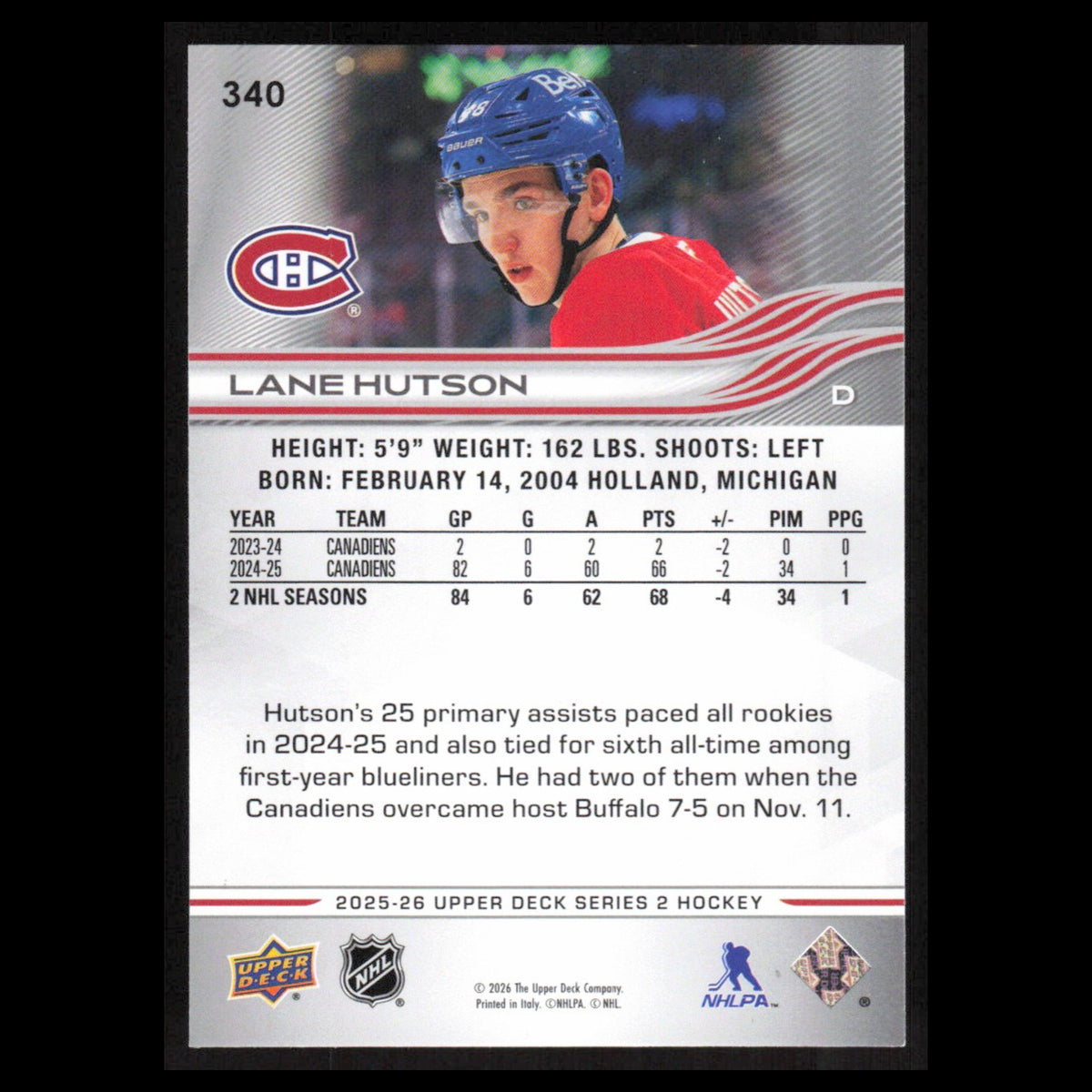Lane Hutson #340 2025 Upper Deck Montreal Canadiens Hockey Card NHL NM