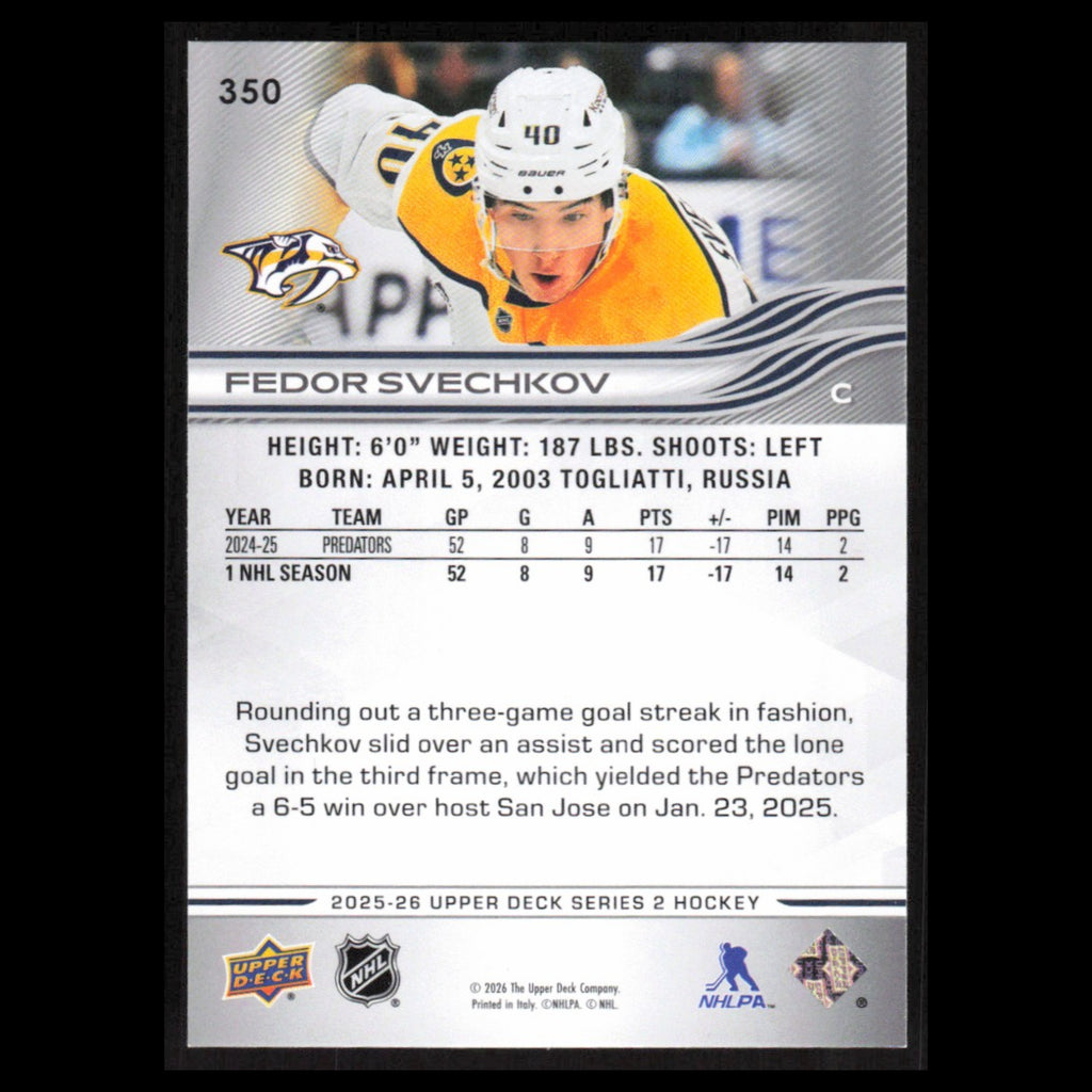 Fedor Svechkov #350 2025 Upper Deck Nashville Predators Hockey Card NHL NM