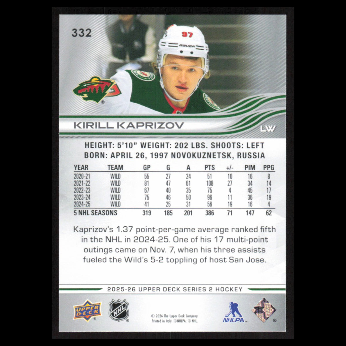 Kirill Kaprizov #332 2025 Upper Deck Minnesota Wild Hockey Card NHL NM