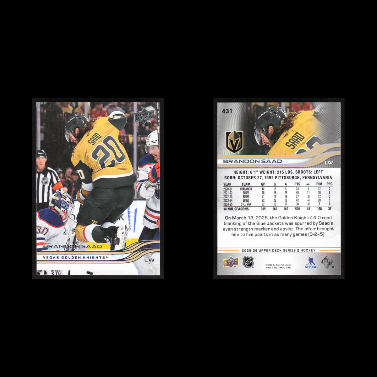 Brandon Saad #431 2025 Upper Deck Vegas Golden Knights Hockey Card NHL NM