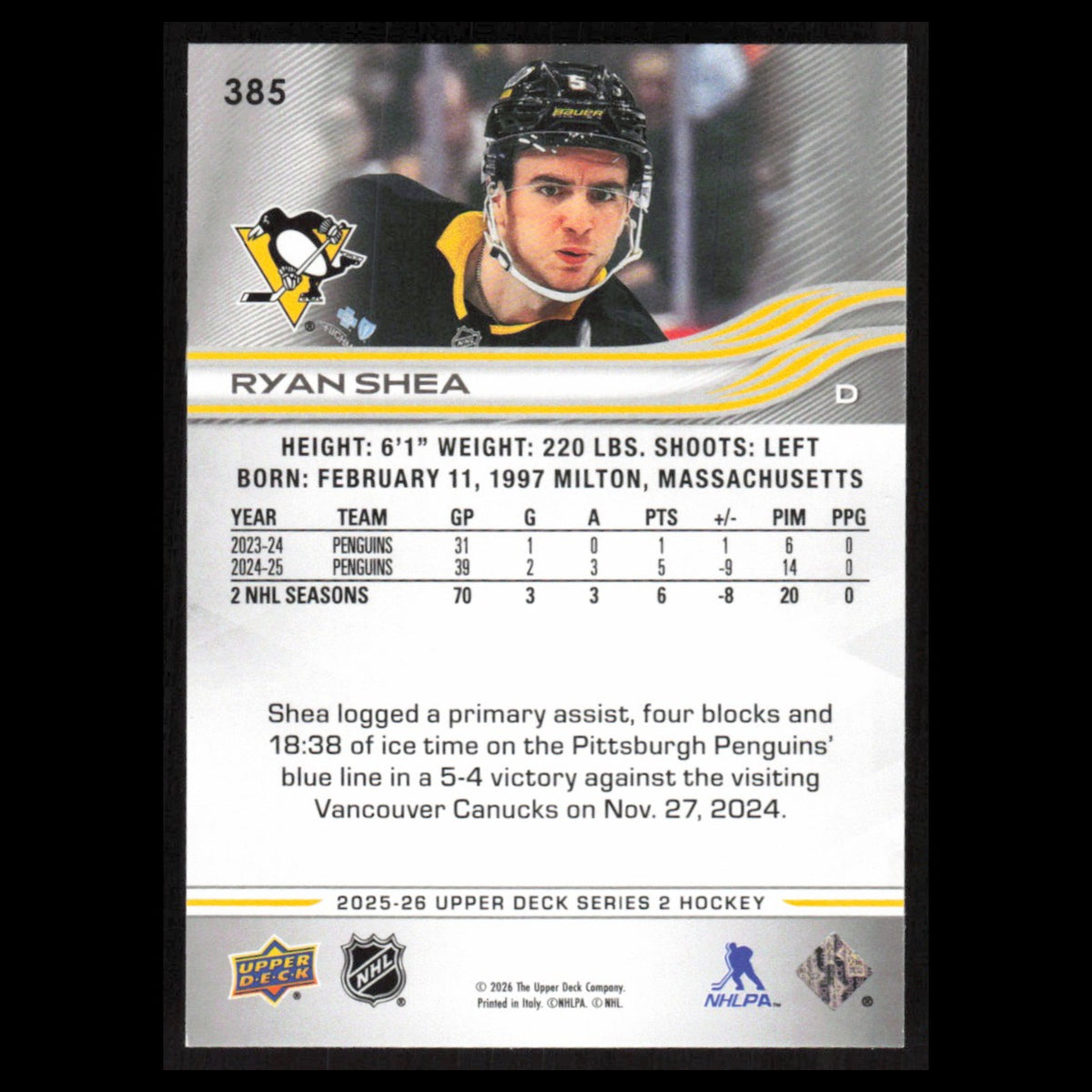 Ryan Shea #385 2025 Upper Deck Pittsburgh Penguins Hockey Card NHL NM