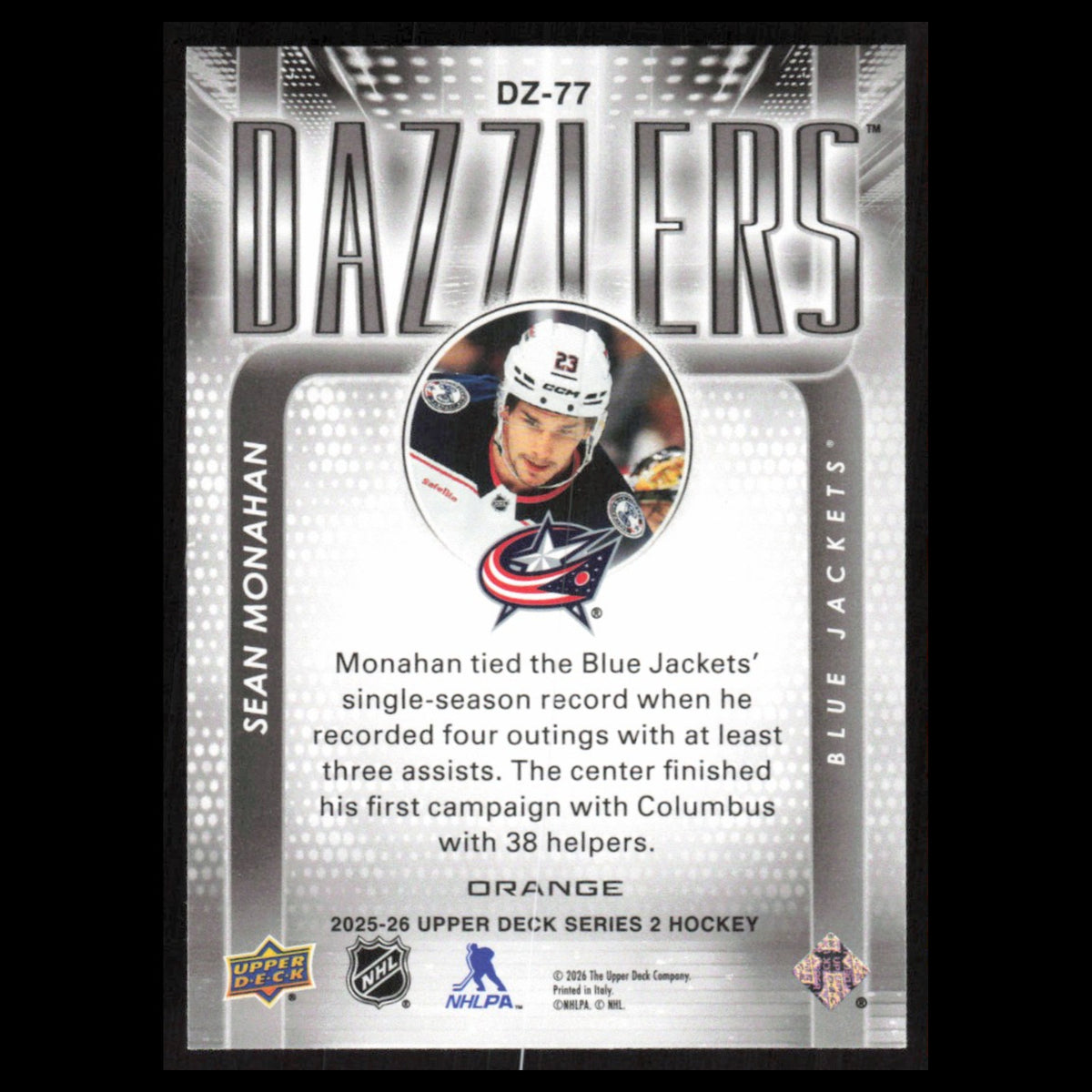 Sean Monahan #DZ-77 2025 Upper Deck Dazzlers Columbus Blue Jackets Hockey Card