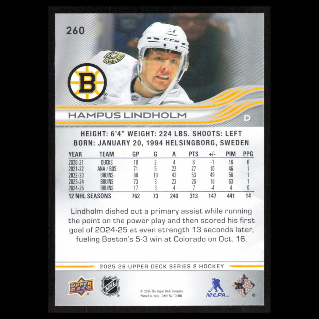 Hampus Lindholm #260 2025 Upper Deck Boston Bruins Hockey Card NHL NM
