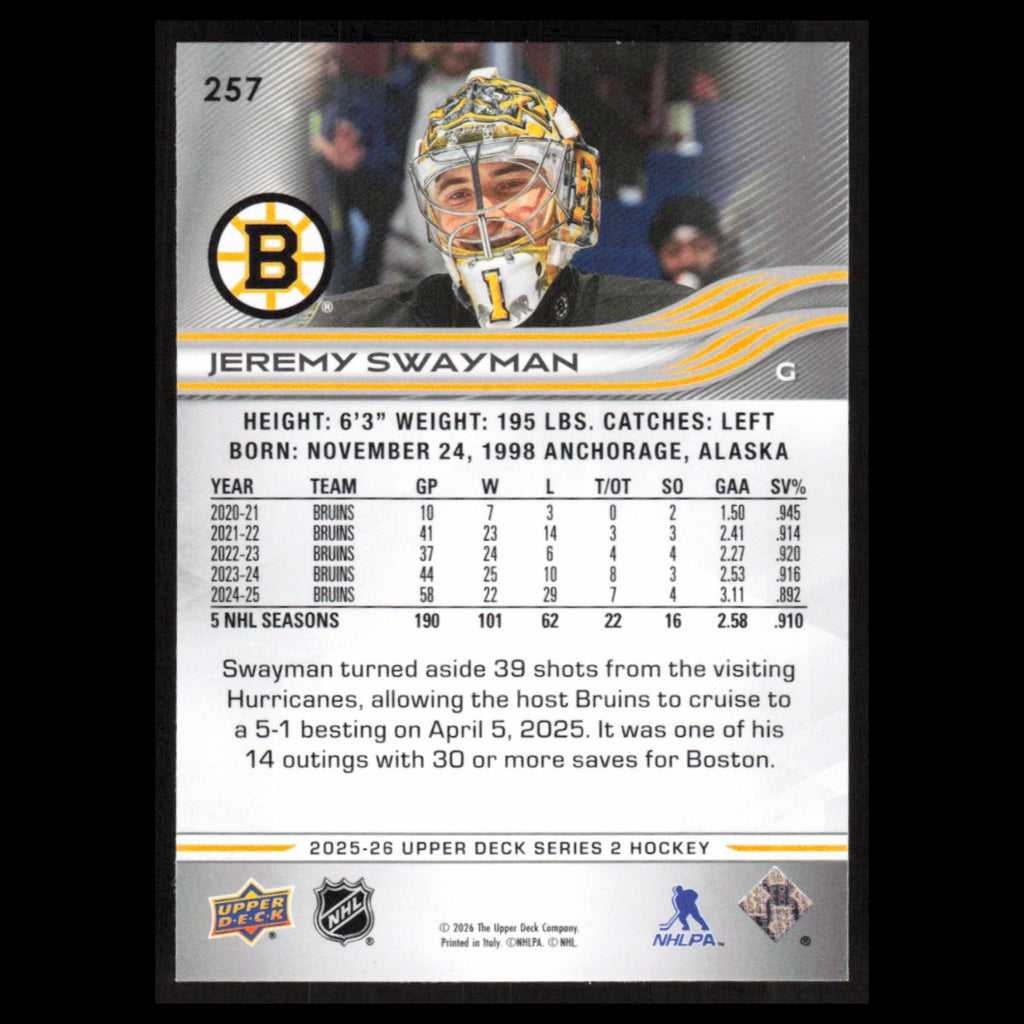 Jeremy Swayman #257 2025 Upper Deck Boston Bruins Hockey Card NHL NM