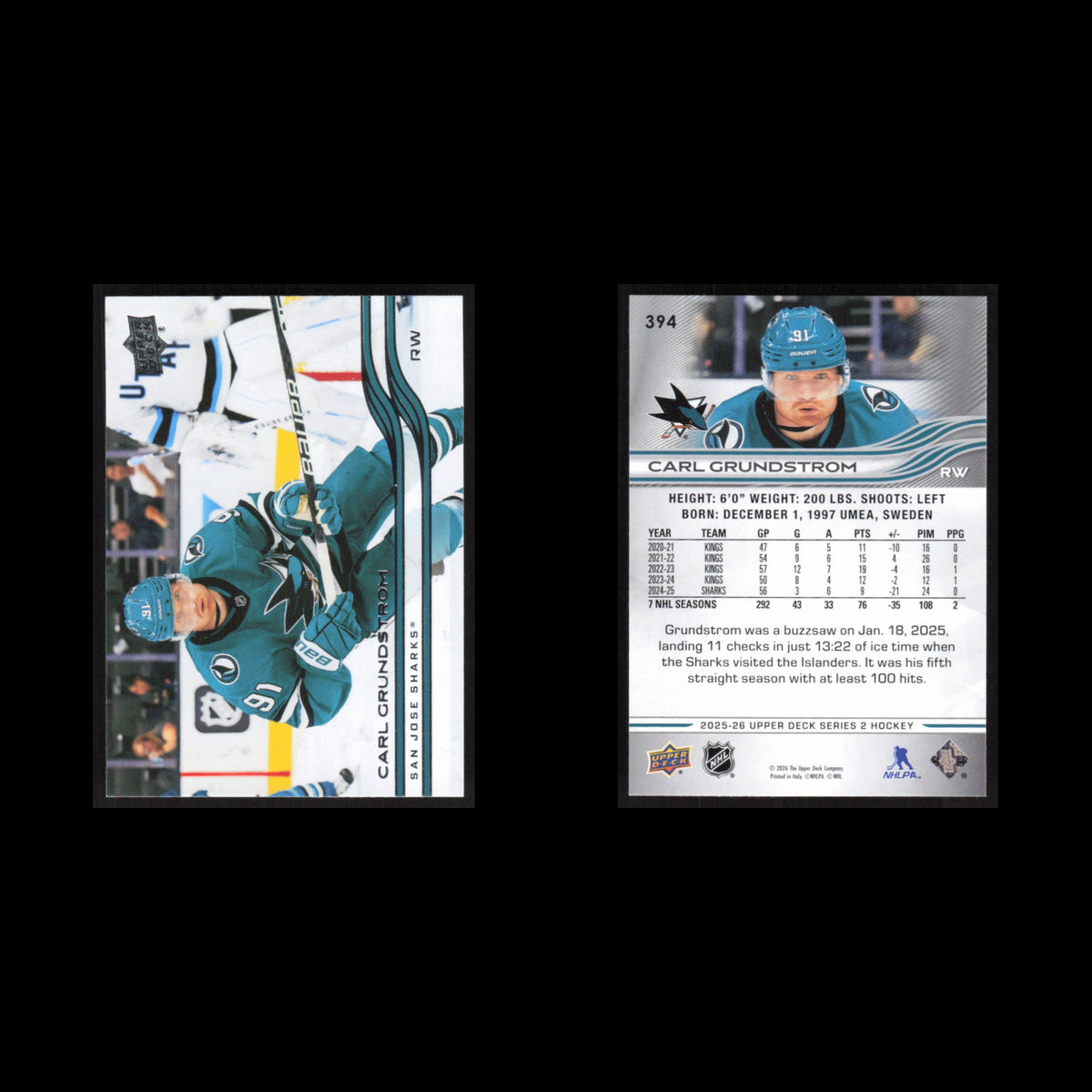 Carl Grundstrom #394 2025 Upper Deck San Jose Sharks Hockey Card NHL NM