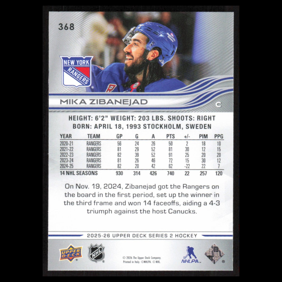 Mika Zibanejad #368 2025 Upper Deck New York Rangers Hockey Card NHL NM