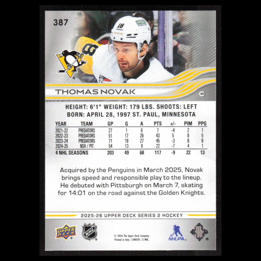 Thomas Novak #387 2025 Upper Deck Pittsburgh Penguins Hockey Card NHL NM
