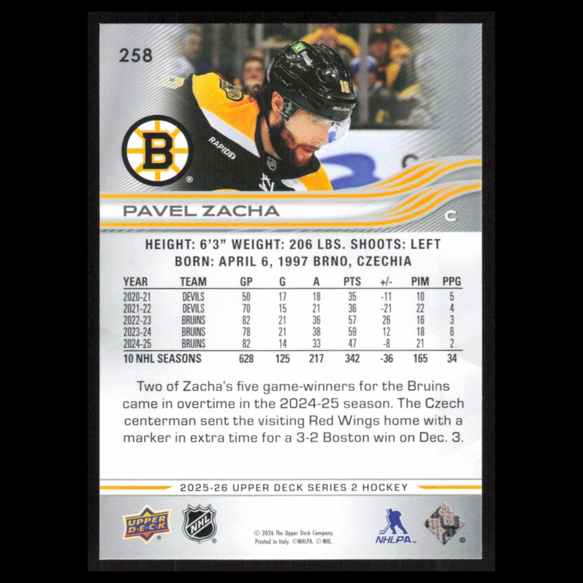 Pavel Zacha #258 2025 Upper Deck Boston Bruins Hockey Card NHL NM