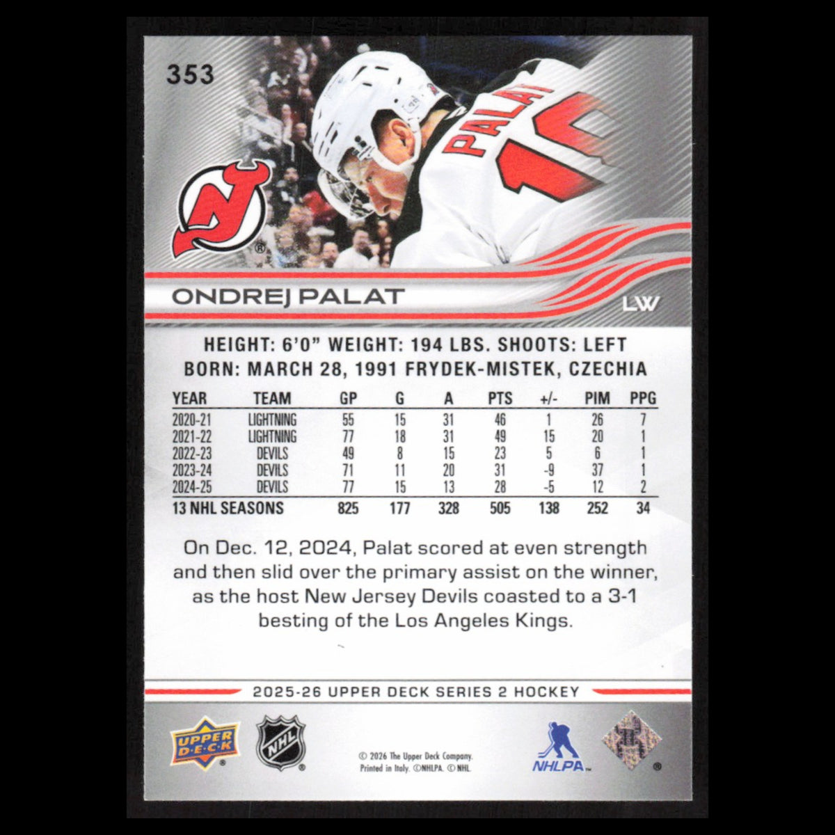 Ondrej Palat #353 2025 Upper Deck New Jersey Devils Hockey Card NHL NM