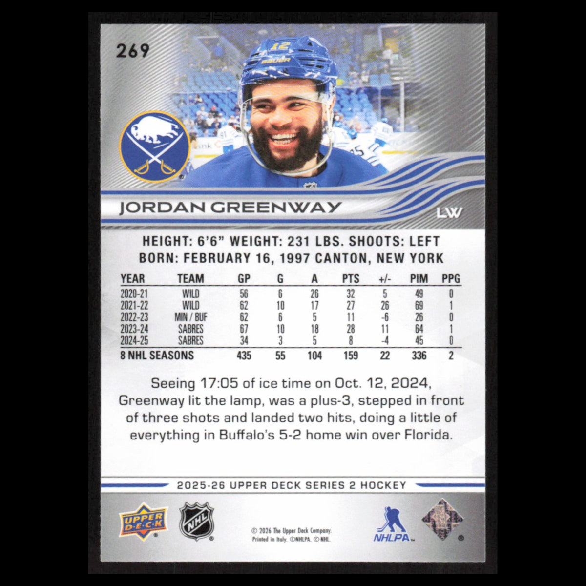 Jordan Greenway #269 2025 Upper Deck Buffalo Sabres Hockey Card NHL NM