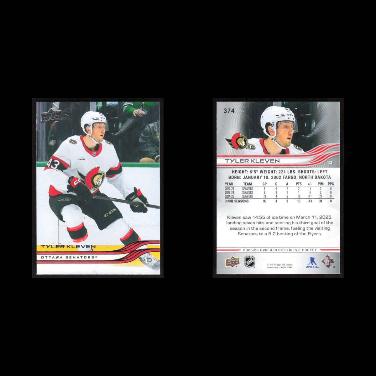 Tyler Kleven #374 2025 Upper Deck Ottawa Senators Hockey Card NHL NM