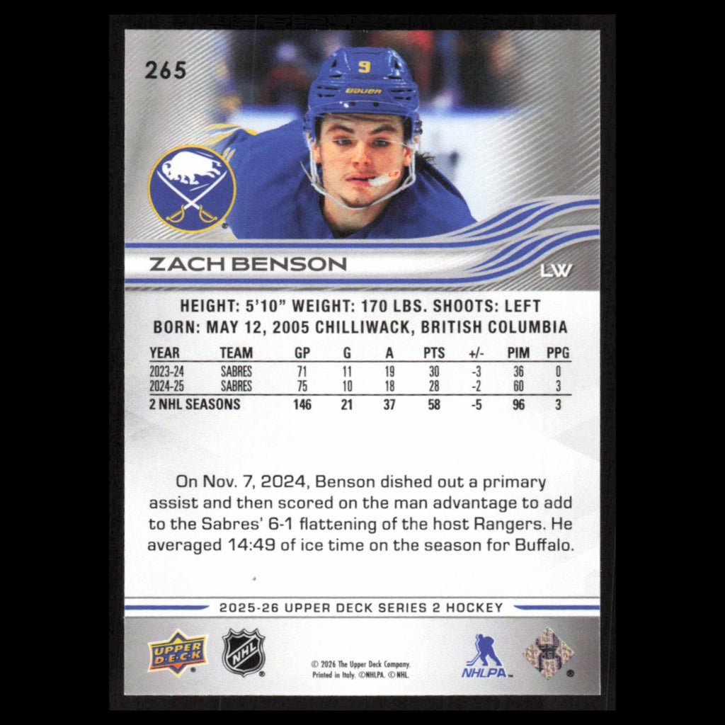 Zach Benson #265 2025 Upper Deck Buffalo Sabres Hockey Card NHL NM