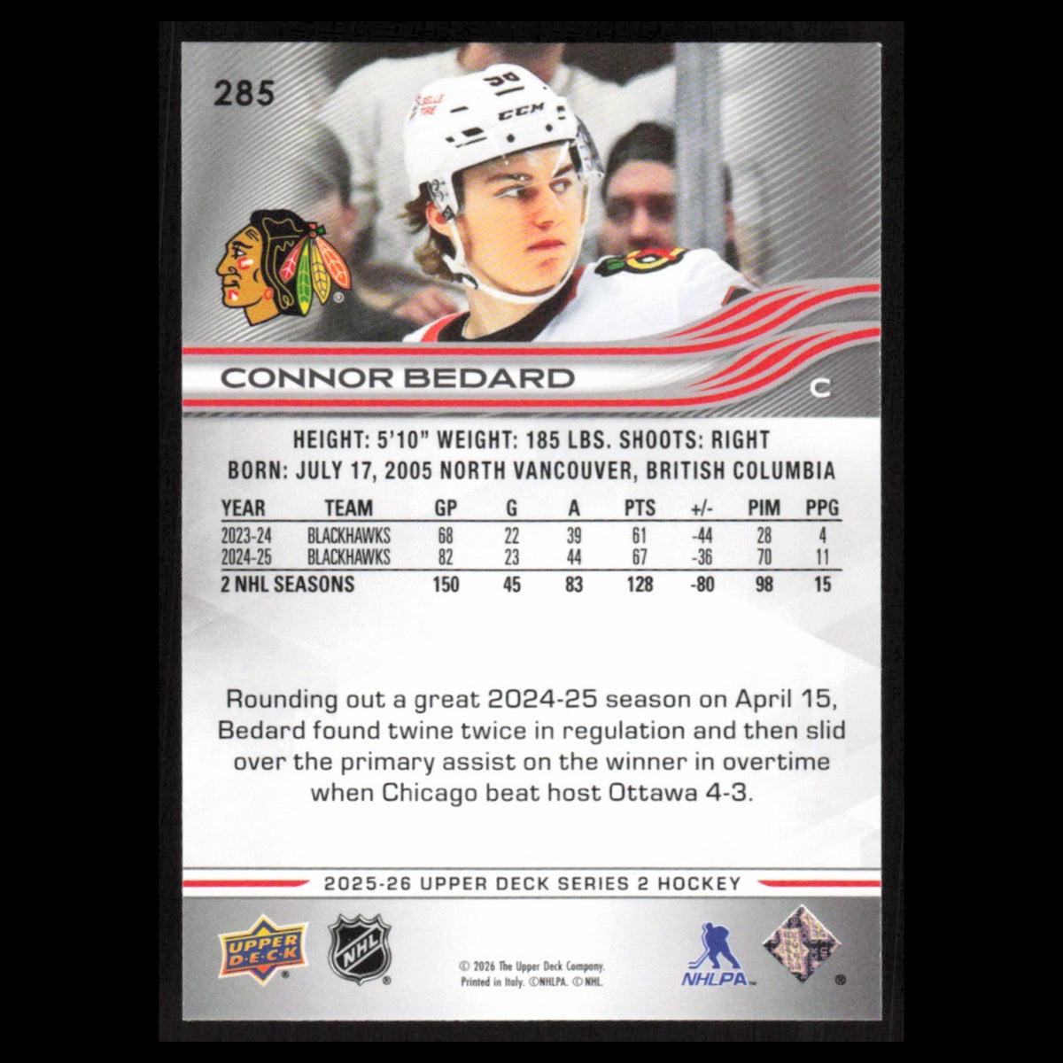 Connor Bedard #285 2025 Upper Deck Chicago Blackhawks Hockey Card NHL NM