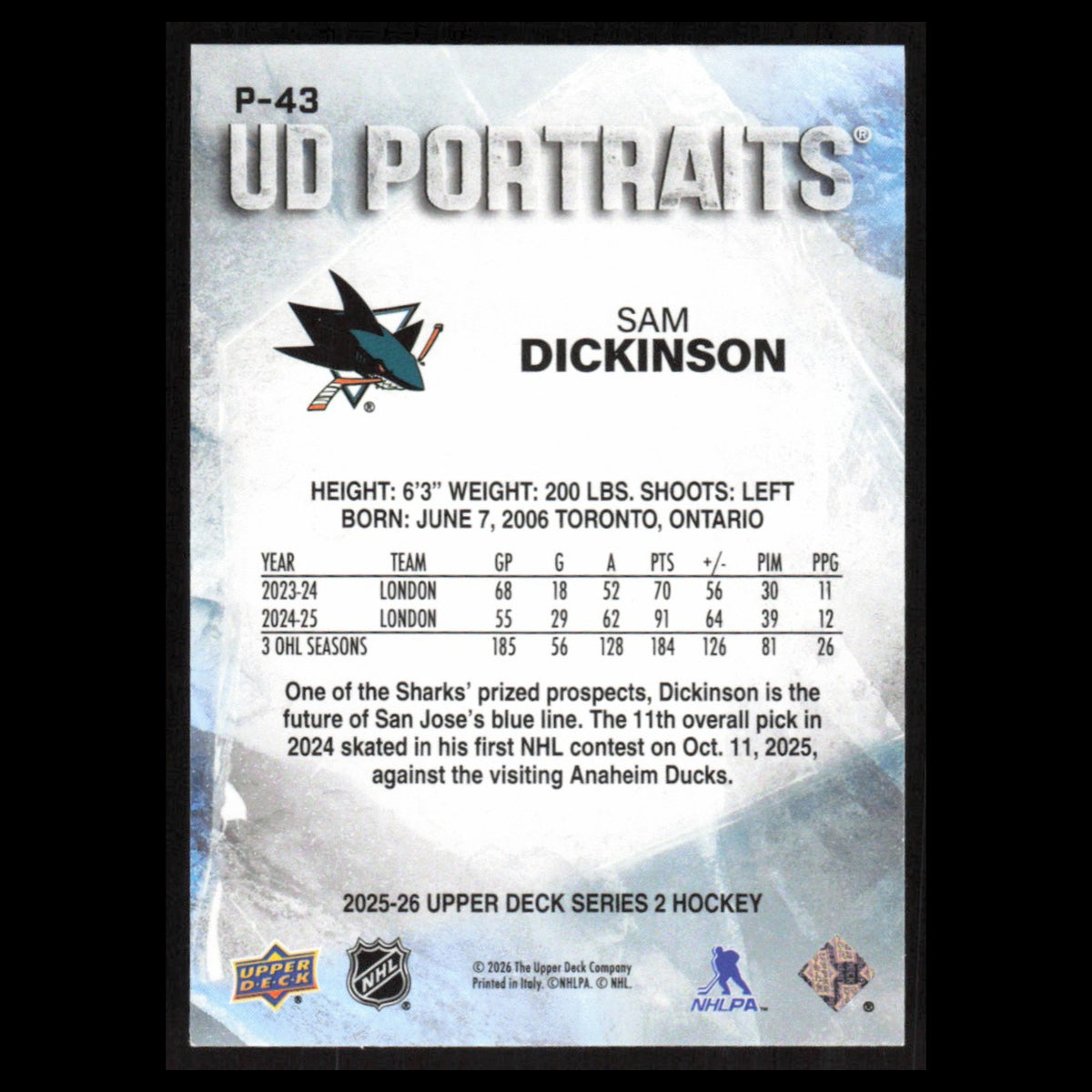 Sam Dickinson #P-43 2025 Upper Deck UD Portraits San Jose Sharks Hockey Card NHL