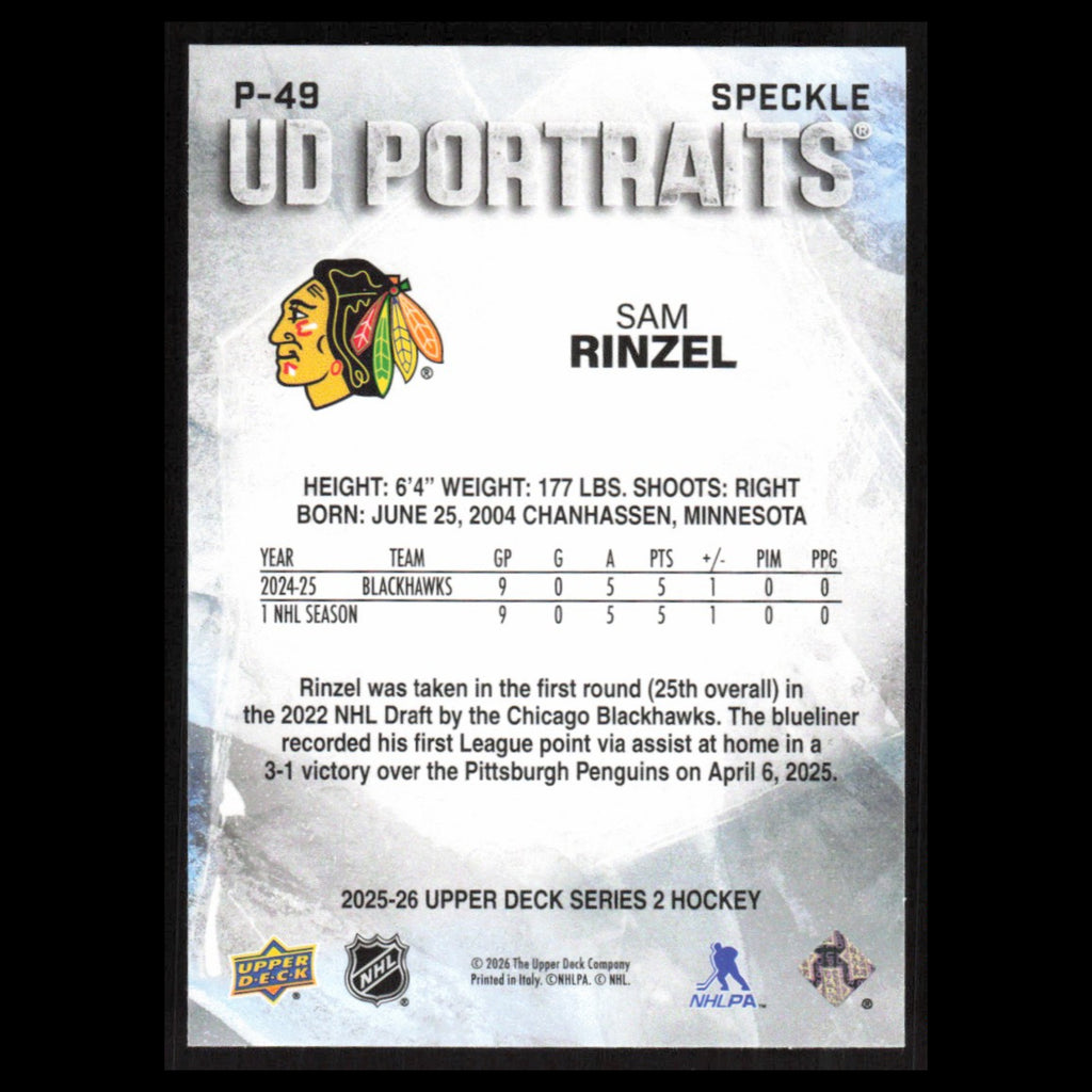 Sam Rinzel #P-49 2025 Upper Deck UD Portraits Chicago Blackhawks Hockey Card NHL