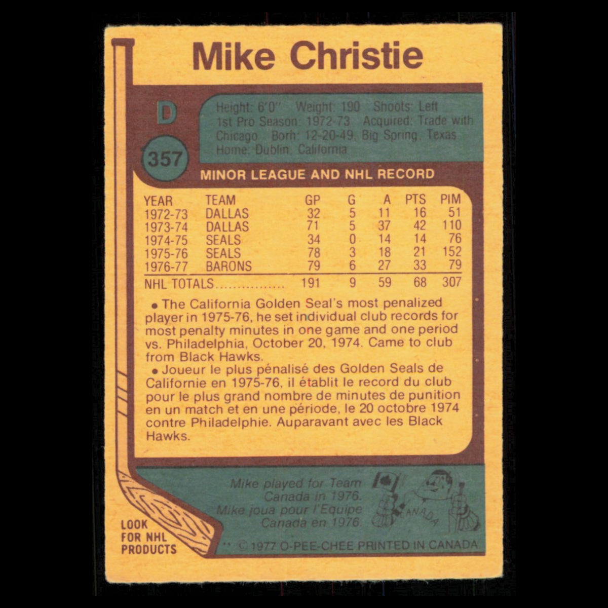 Mike Christie #357 1977 O-Pee-Chee Cleveland Barons Hockey Card NHL NM